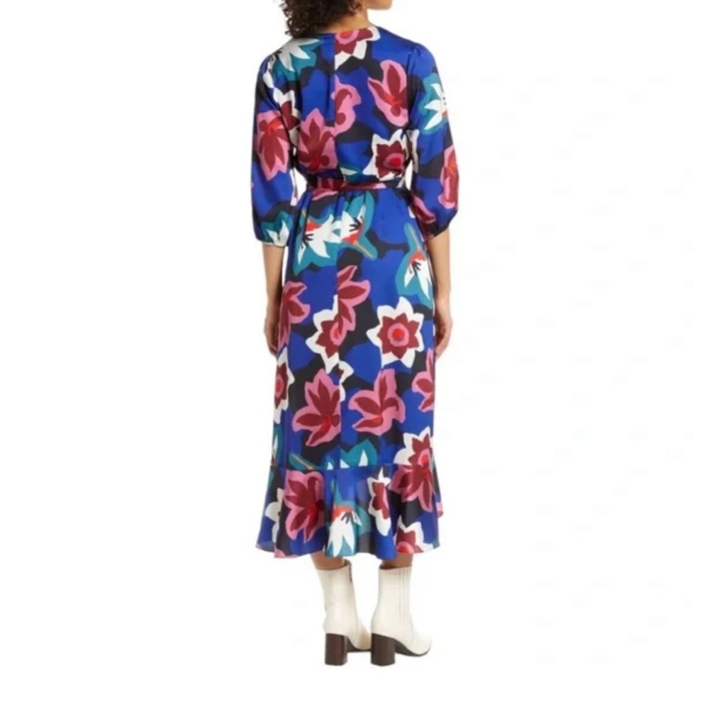 Sam Edelman Matisse Floral Faux Wrap Midi Dress Cobalt Multi 3/4 Sleeve - Picture 2 of 11